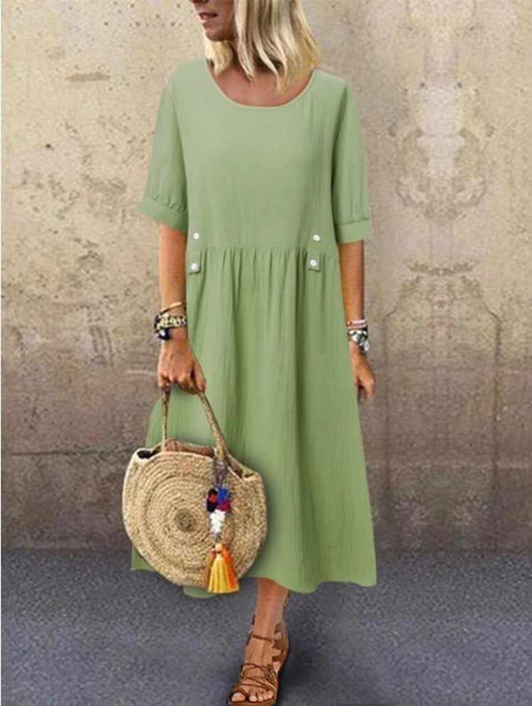 Plus Size Casual Round Neck Shirt With Half Sleeve Button Dress Women