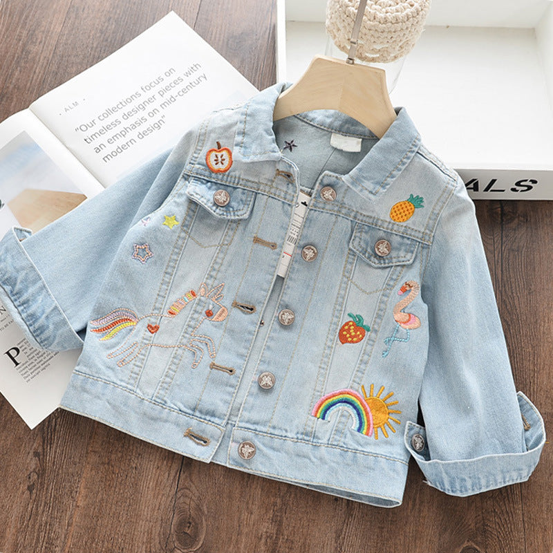 Children's Graffiti Embroidered Lapel Short Denim Jacket