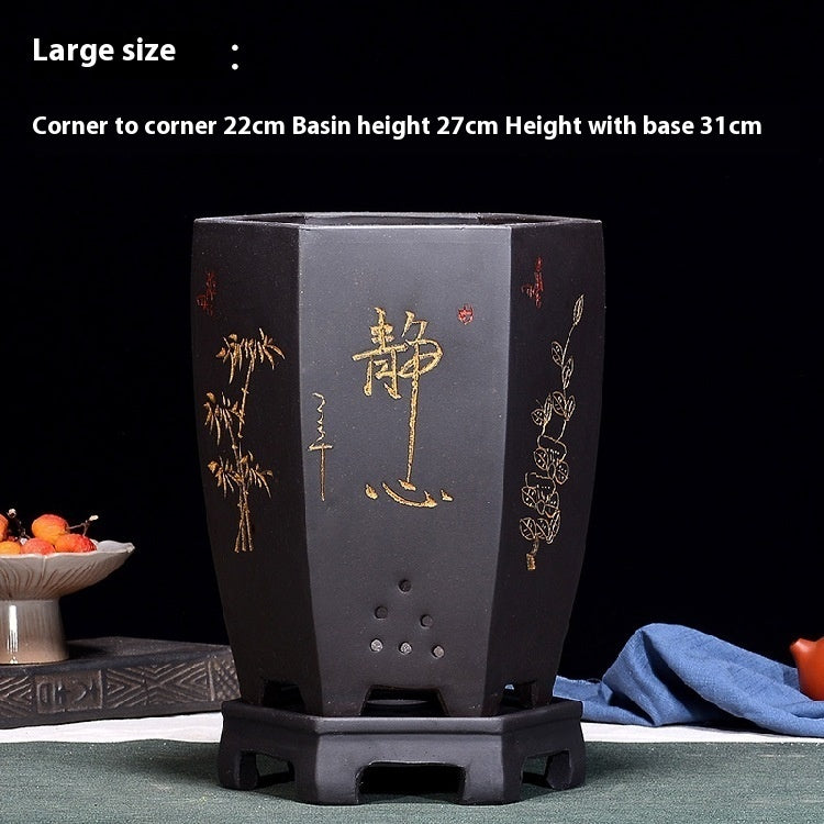 Fine Zisha Flowerpot Hand-carved Hexagonal