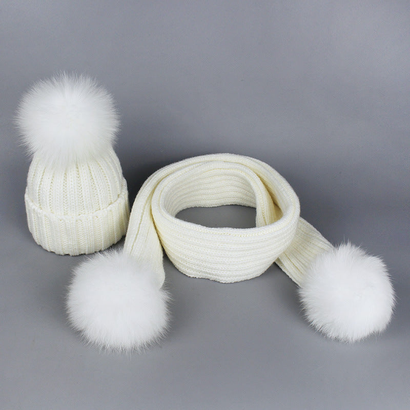 Knitted Hat Scarf Men's And Women's Autumn And Winter Warm Fox Fur Ball Wool Ball