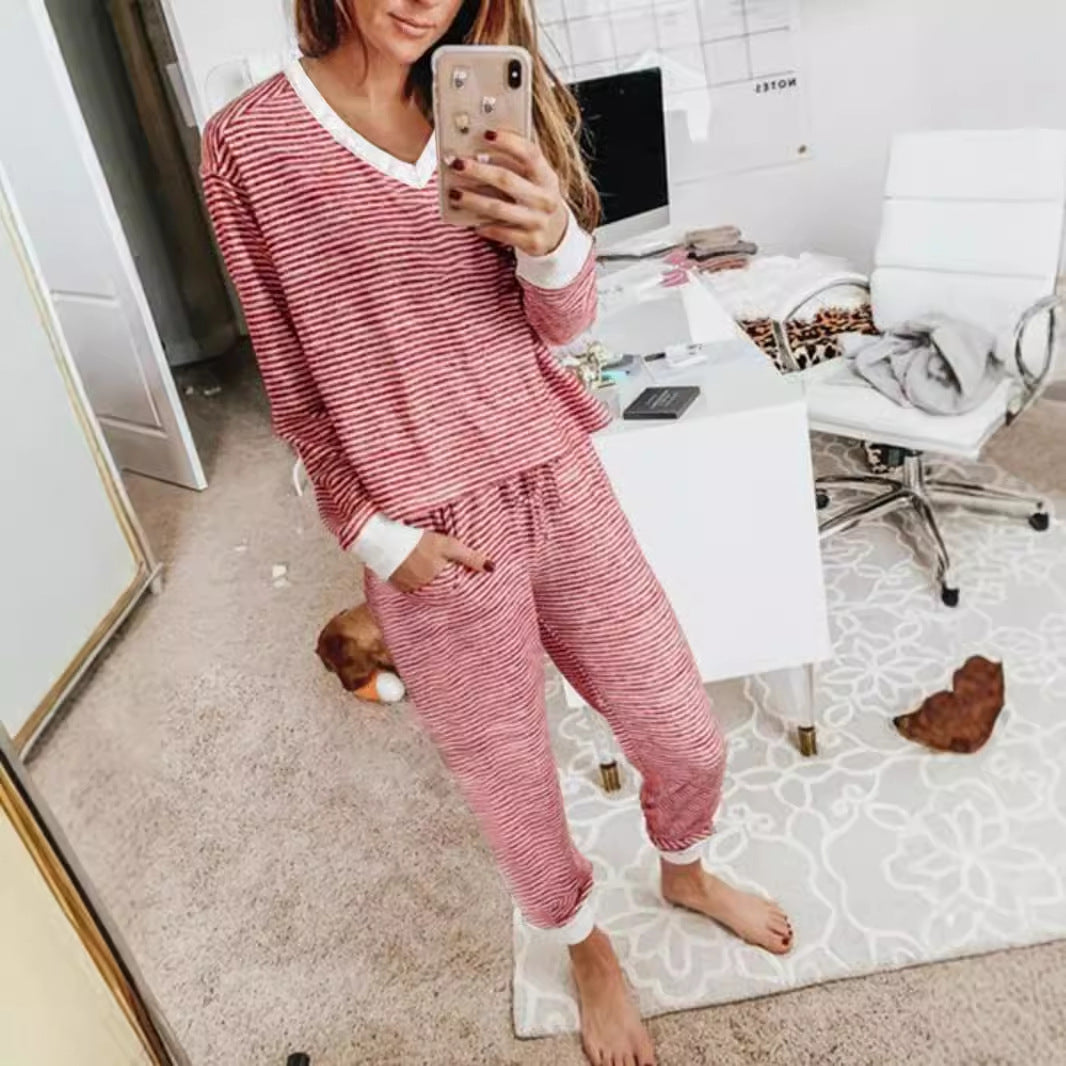 Striped Color Contrast Patchwork V-neck Long Sleeve Trousers Suit