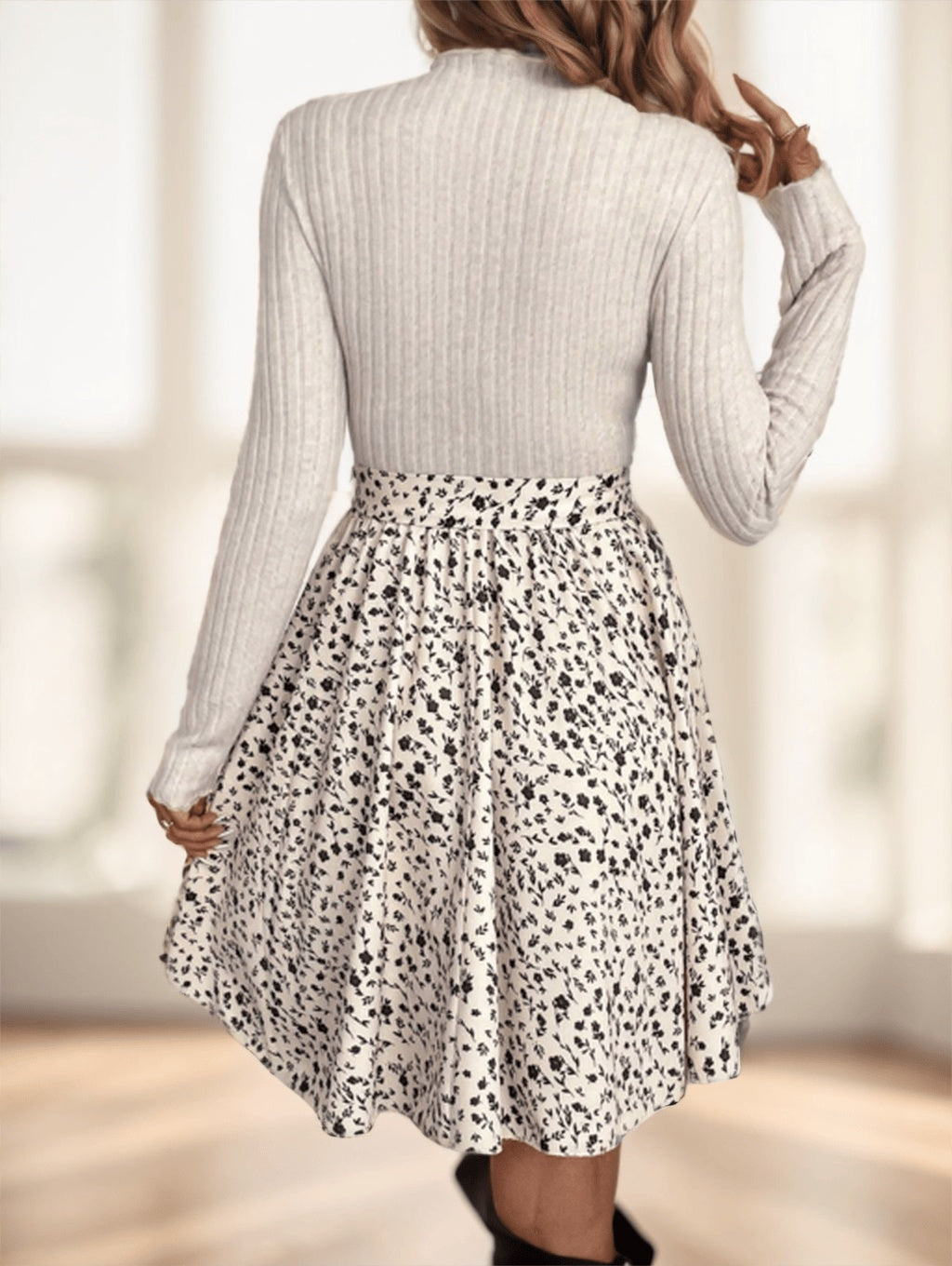 Frenchy Ditsy Floral Print Mock Neck Belted Bottom Top Two Tone A Line Floral Print Dress