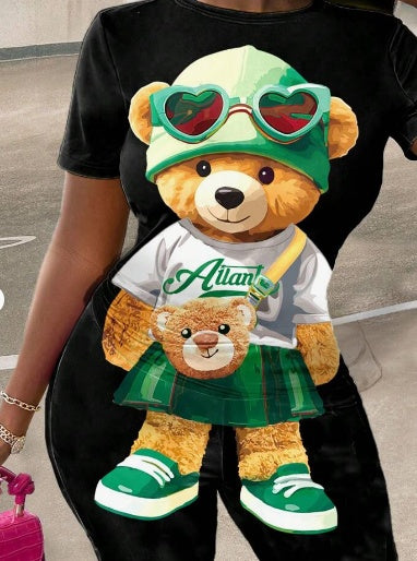 Casual Printed Cute Bear Pattern 2pcs Set For Women, Suitable For Summer