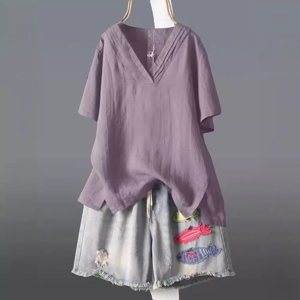 Loose Plus Size Embroidered Summer Short Sleeve