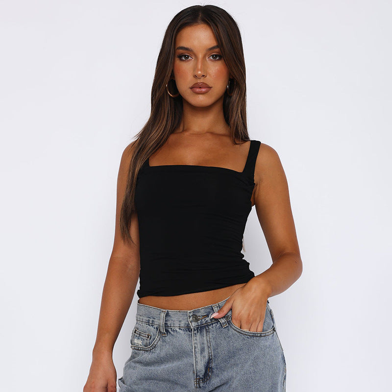 Solid Color Low Square Collar Pleated Slim Strap Women Outerwear Top