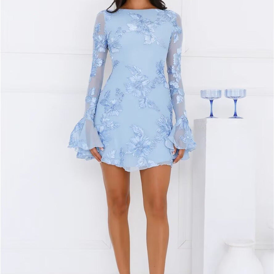 Round Neck Elegant Backless Mesh Three-dimensional Dress