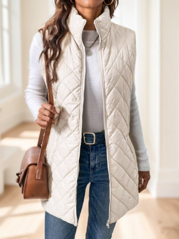 Clasi Slant Pockets Sleeveless Argyle Quilted Vest Coat