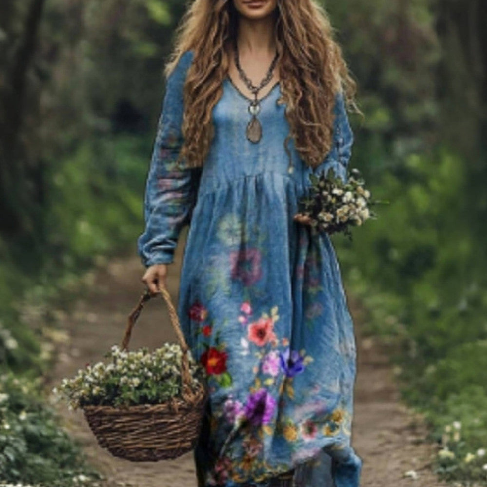 3D Printed Women's Long Sleeve V-neck Dress