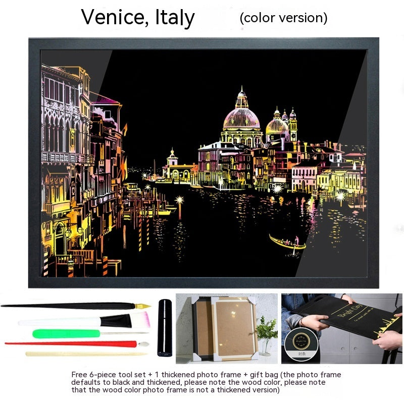 Colourful City Night Scene Hand Scratch Painting