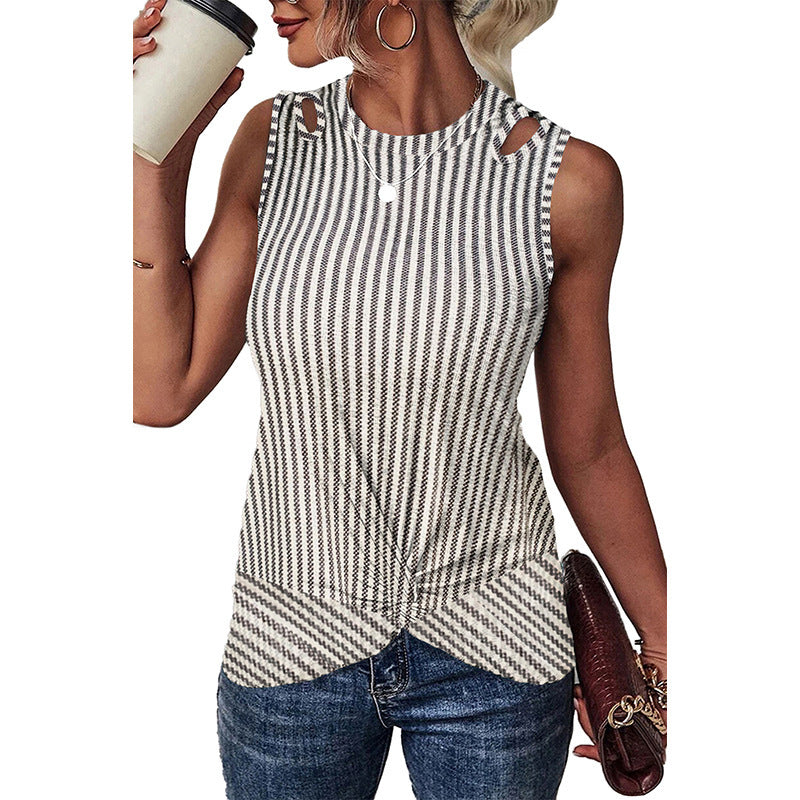 Women's Round Neck Sleeveless Hollow-out Striped Printed Vest