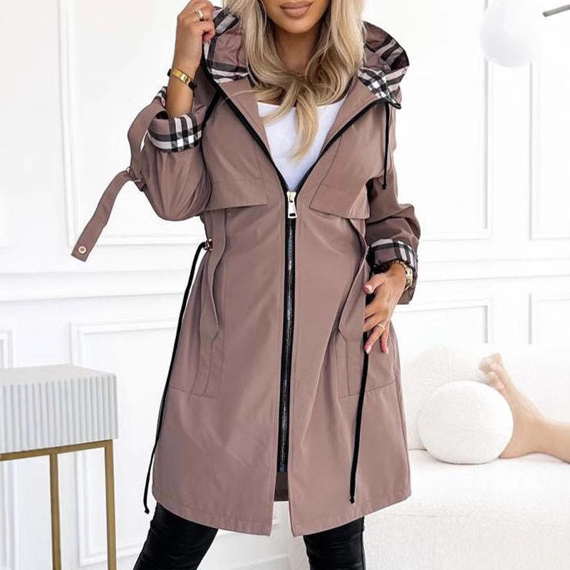 European And American Hooded Plaid Coat