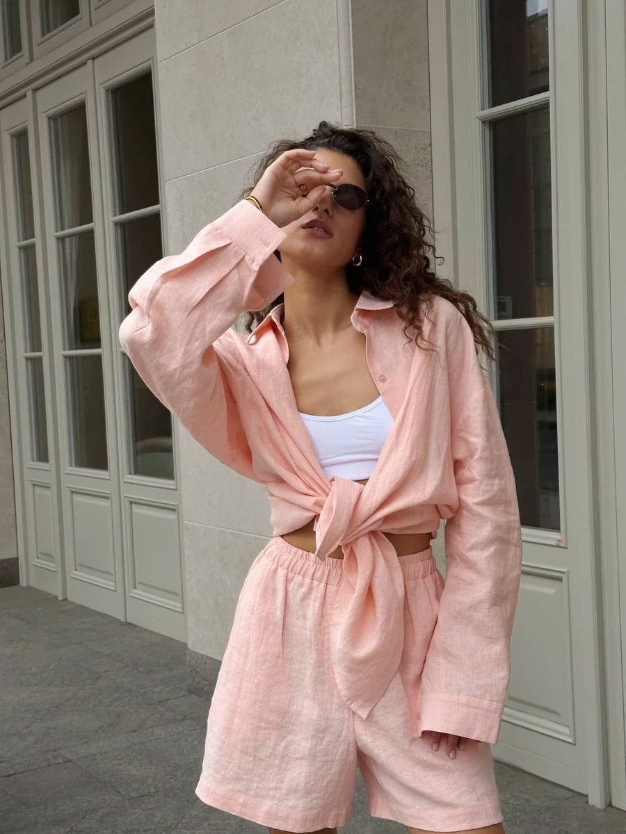 Long Sleeve Cardigan Shorts Suit Simple