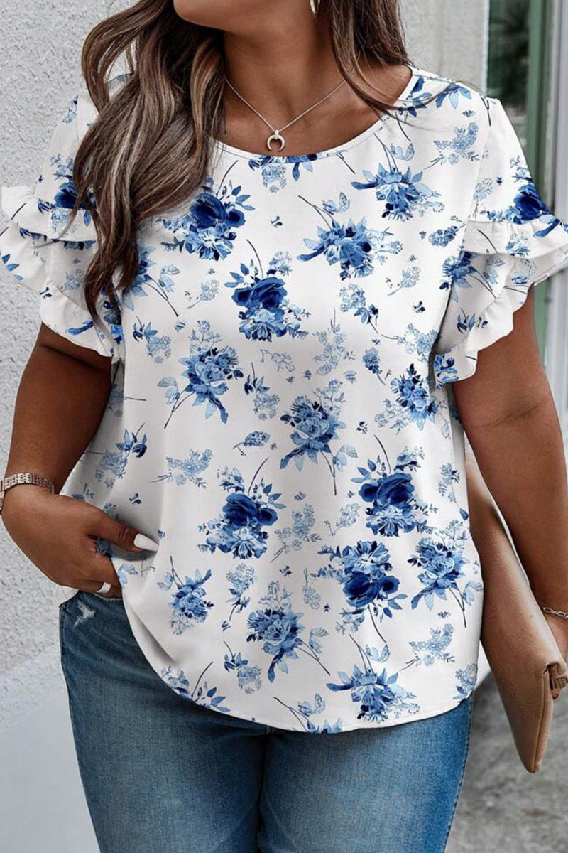 Round Neck Sleeve Stitching Pleating Printed Short Sleeve Casual