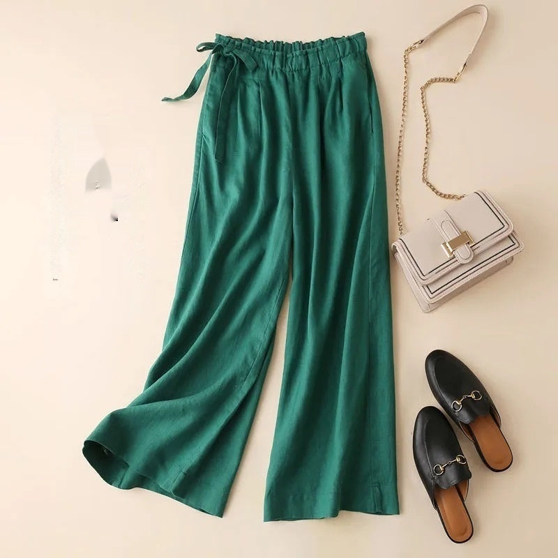 High Waist Side Lace-up Retro Art Elastic-waist Casual Pants For Women