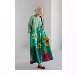 Summer European And American Women's Loose Round Neck Fashion Advanced Long Sleeve 3D Printing Dress