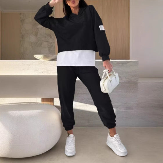 Spring And Autumn Women's Hooded Fashion Solid Color Casual Suit