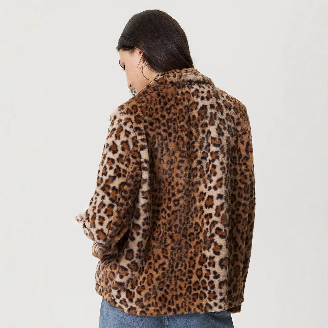 Women's Buckle Lapel Thickening Leopard Print Coat