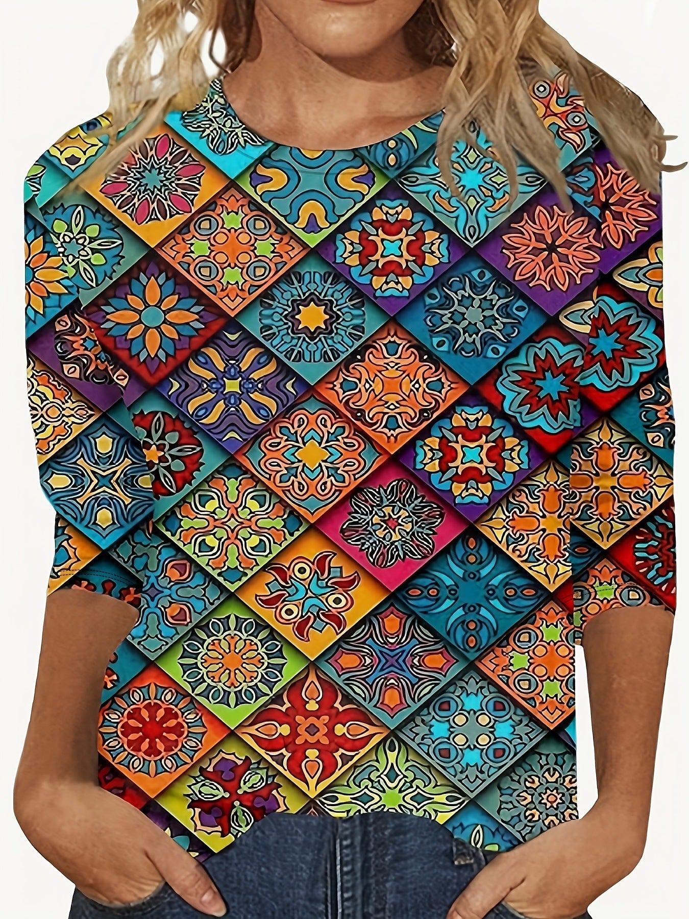 European And American Flower Plant Printed Round Neck Long Sleeve