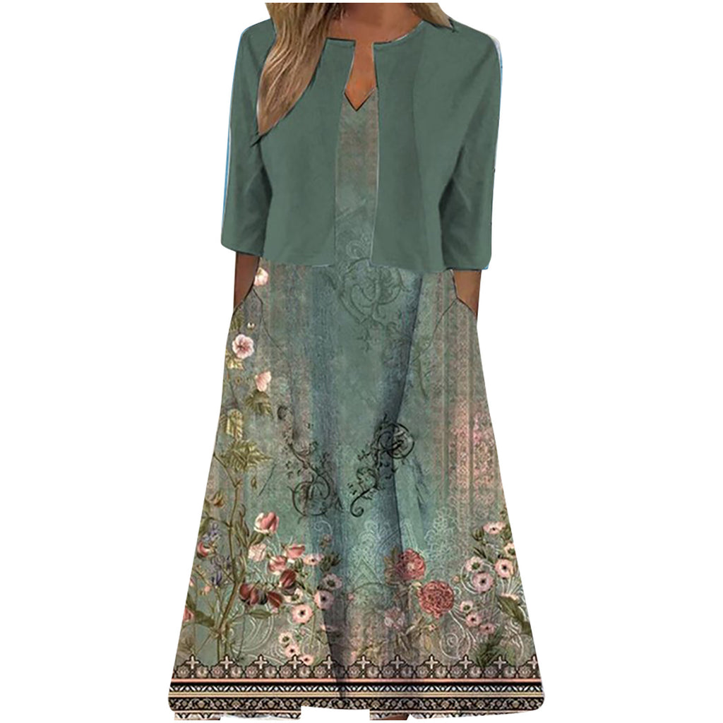 Ethnic Style Elegant Floral Print Vest Dress Cardigan Two-piece Set