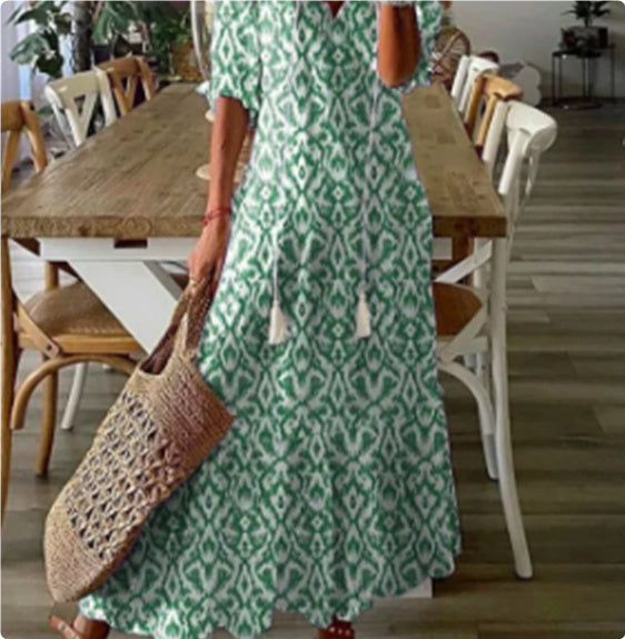 Women's Loose V-neck Bohemian Style Print Dress Mid Waist Long-sleeved Dress