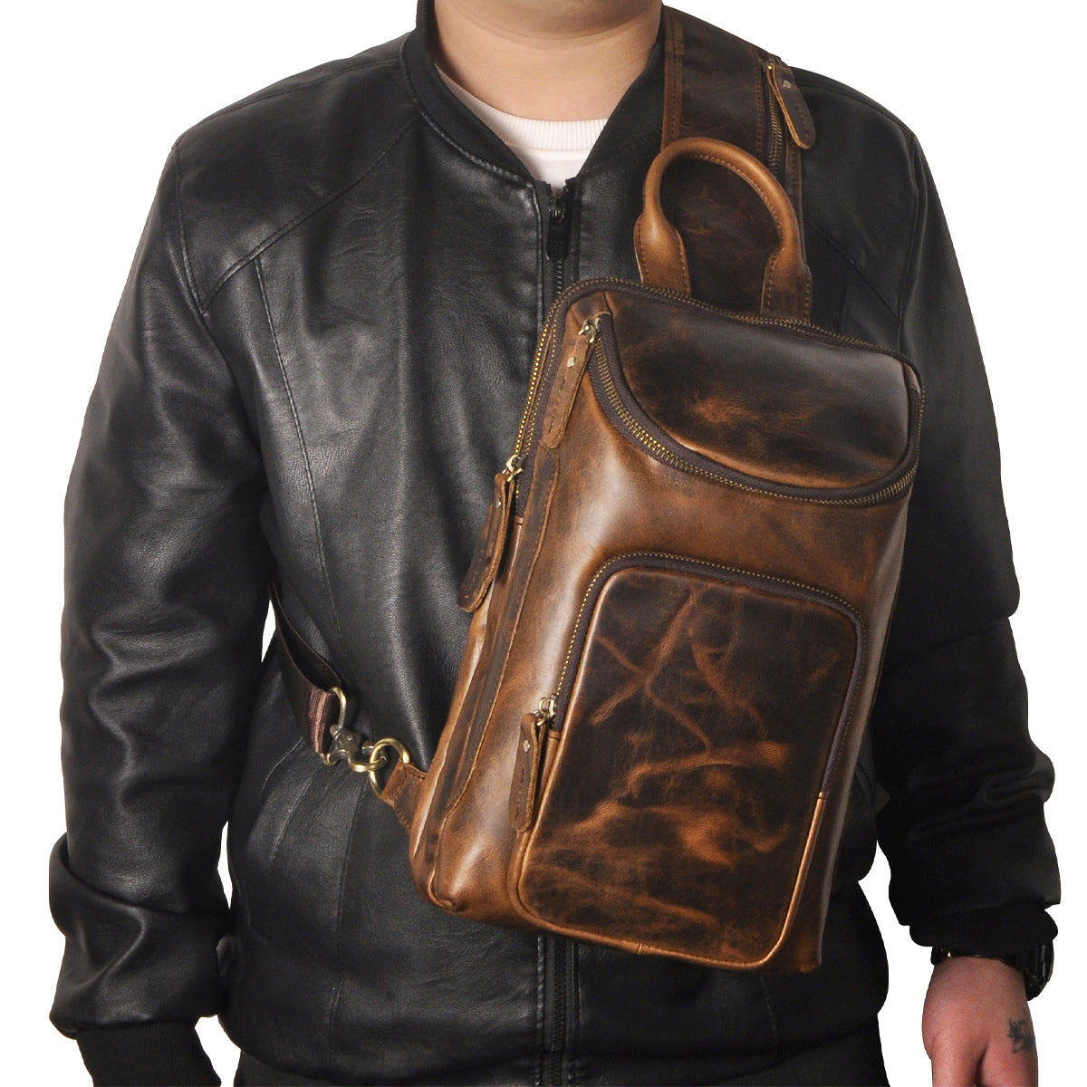 Top Layer Crazy Horse Skin Cowhide Men's Retro Chest Bag