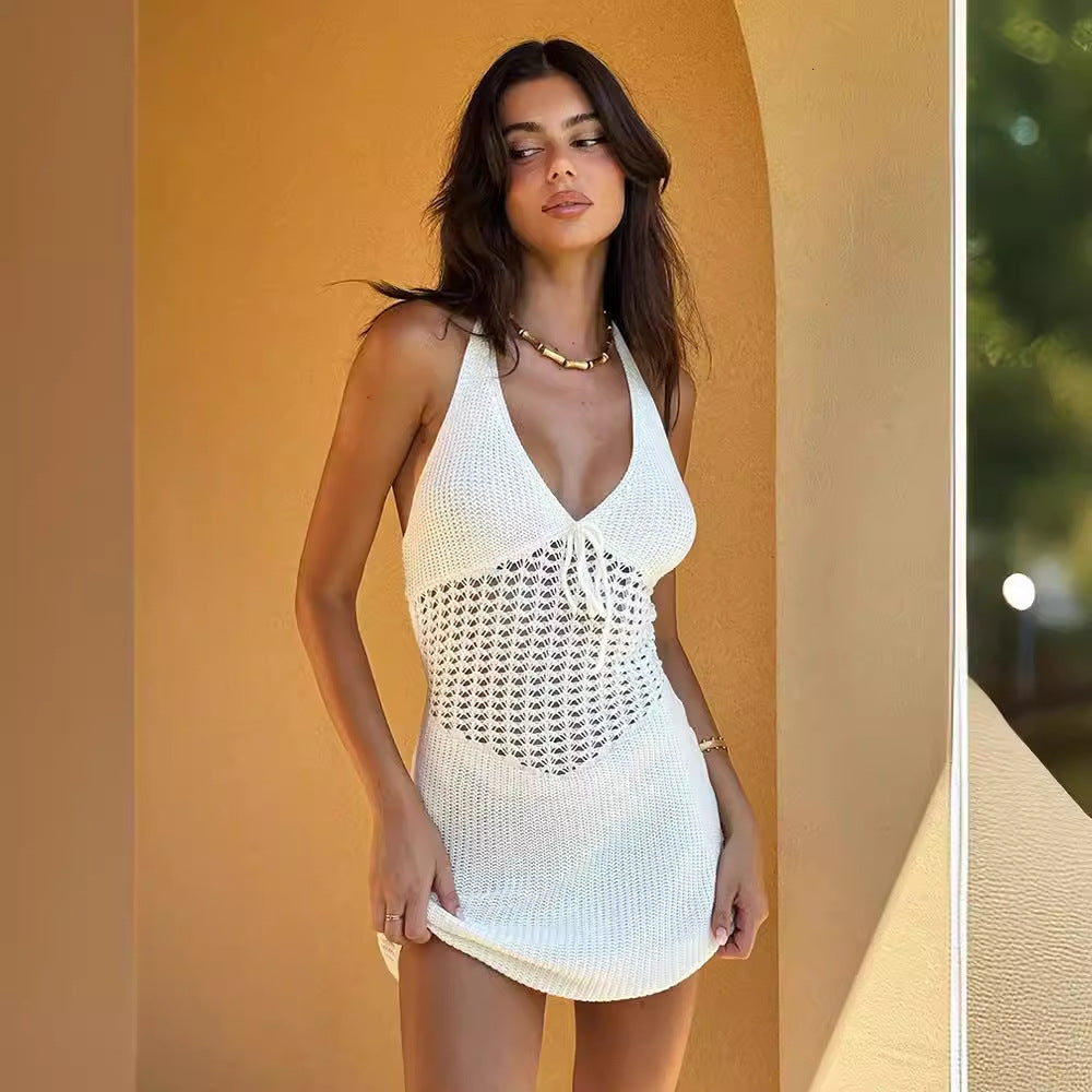 V-neck Halter Hollow Knitted Dress