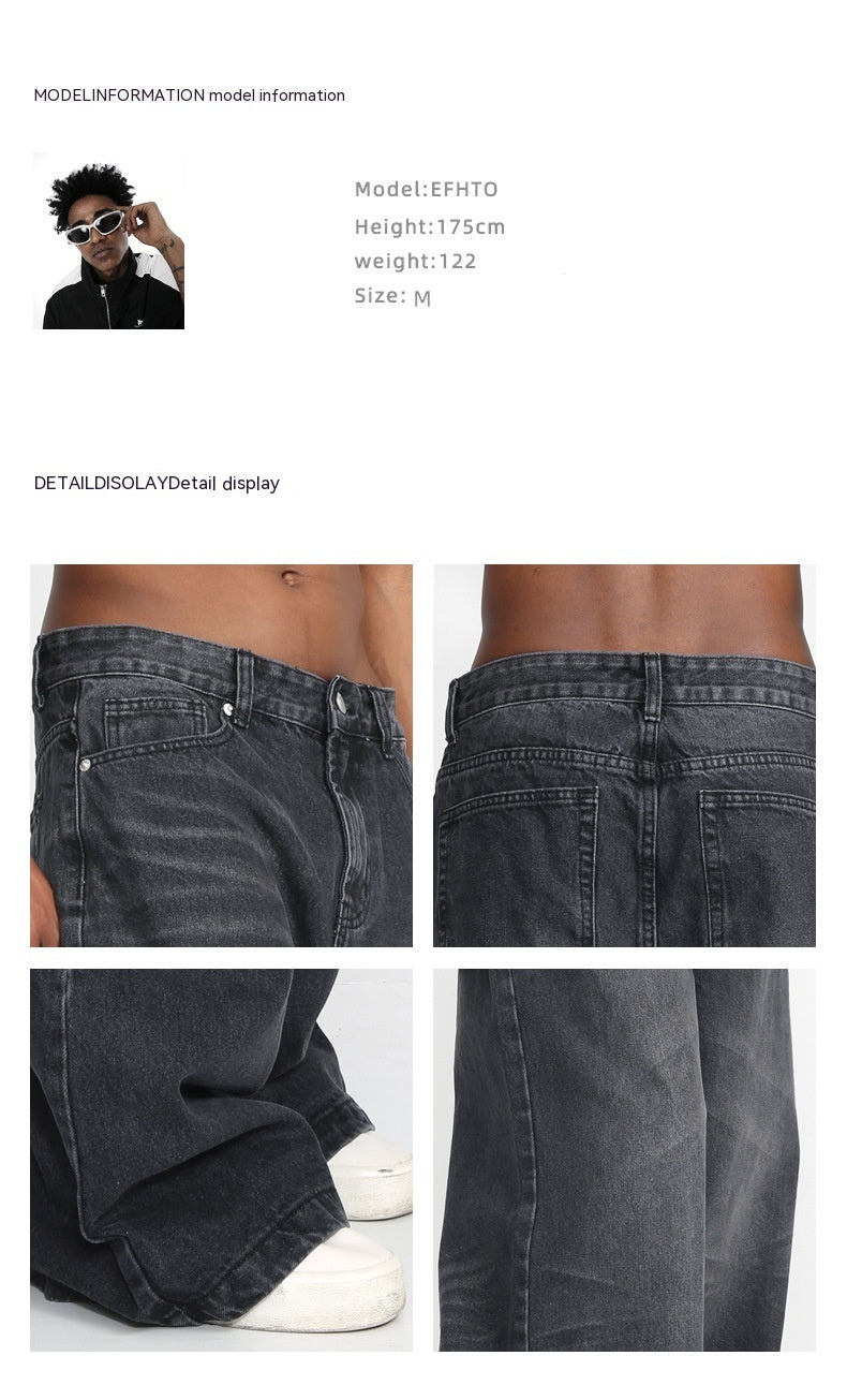 Casual Denim Trousers Loose Wide Leg Korean Style Retro Black