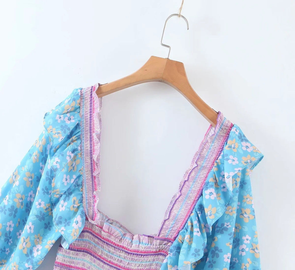 Bohemian Resort Style Romantic Printed Puff Sleeve Dress