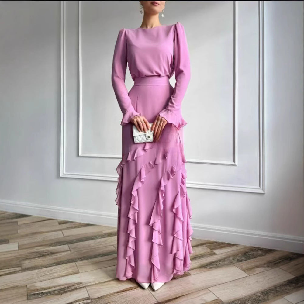 Three-dimensional Ruffled Slim Fit Long Dress Two-piece Set