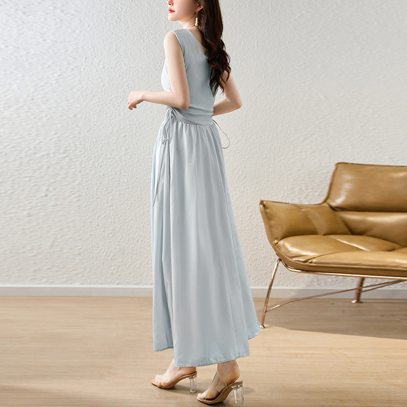 Summer Korean Style New Mori Sweet South Korea Dongdaemun Lady Square Collar Slimming Drawstring Design Vest Dress