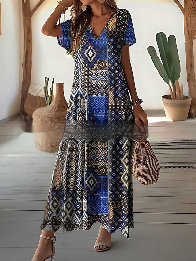 Women's Fashion Summer Printed V-neck Dress