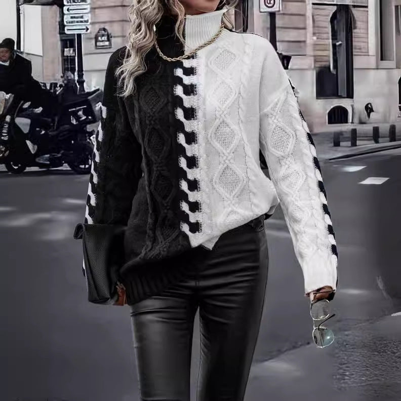 Fashion Color Contrast Black And White Splicing Knitwear Top