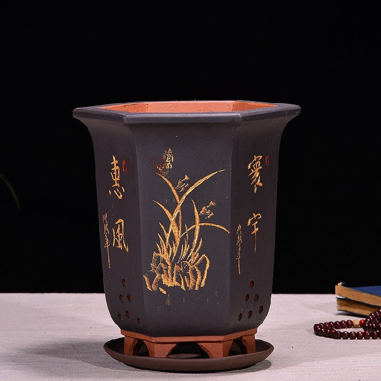 Fine Zisha Flowerpot Hand-carved Hexagonal