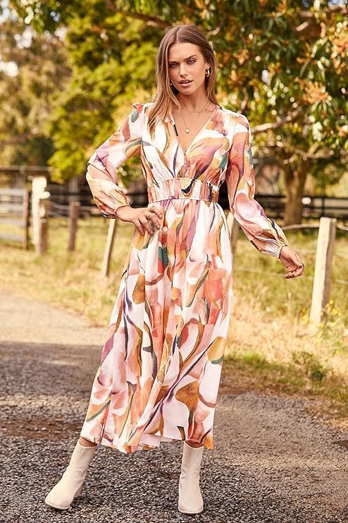Spring NEW Long Casual Long Sleeve V-neck Printed Beach Long Flowy Dress