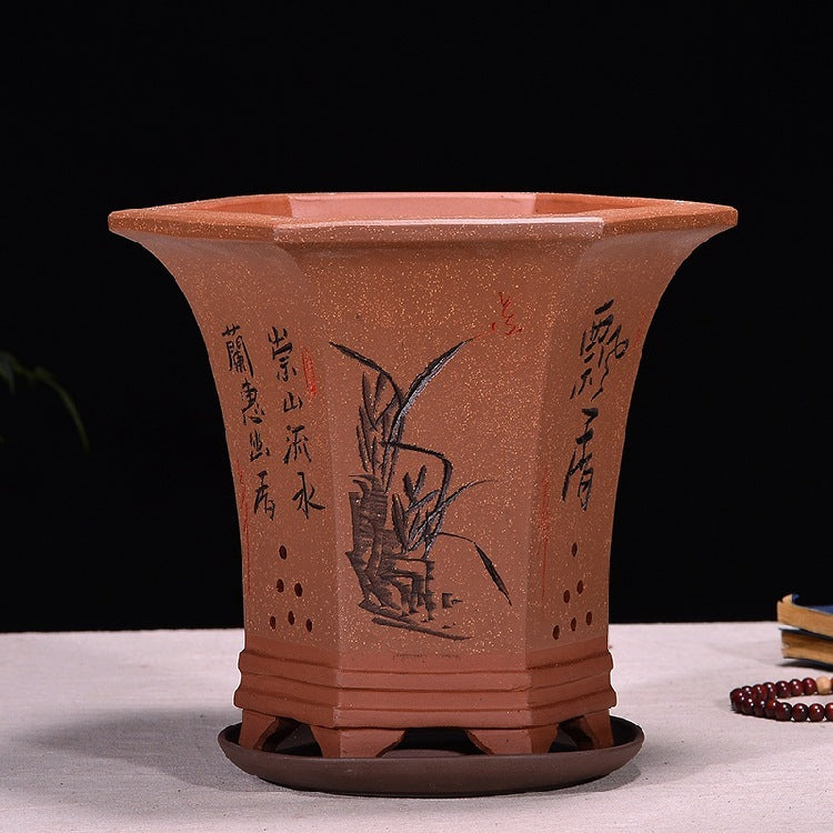 Fine Zisha Flowerpot Hand-carved Hexagonal