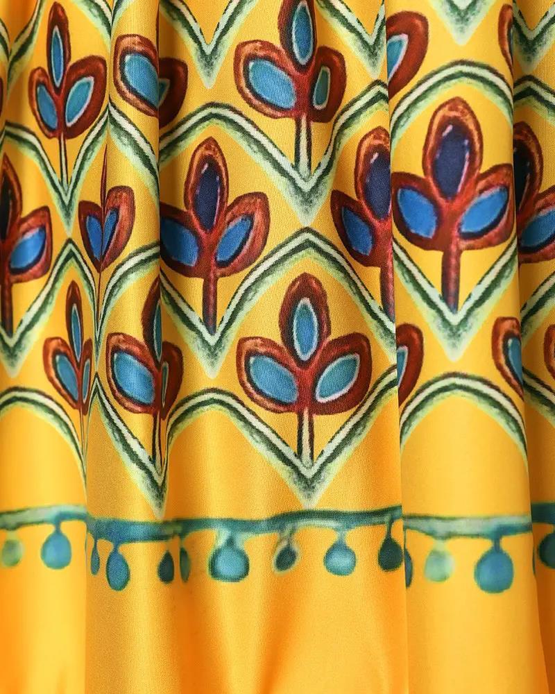 High Waist Temperament National Style Printed Strap Type Loose Yellow Dress